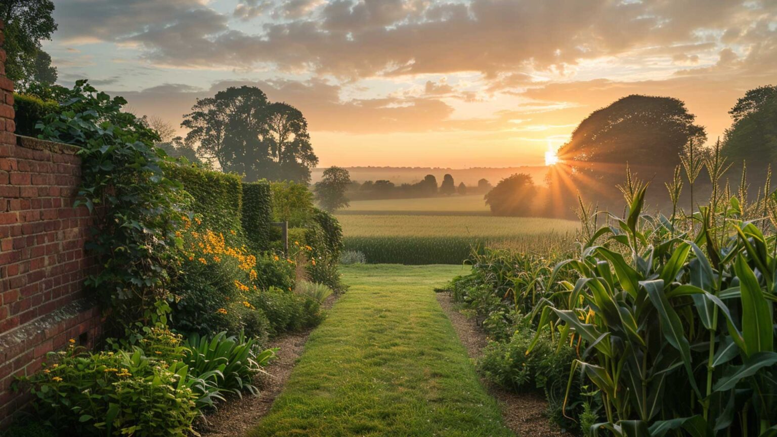 A Victorian red brick wall used to segement sections of this English garden.