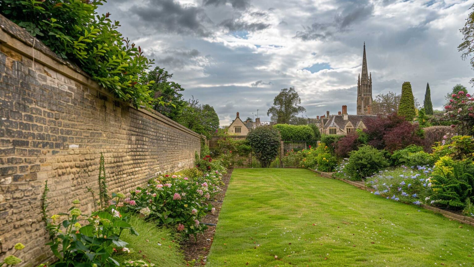 A weathered Cambridge yellow stock brick lining this walled English garden.