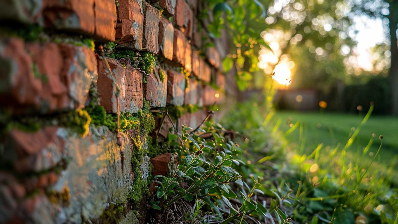 Clouse up of a rustic looking red brick wall with rising sun in the background.