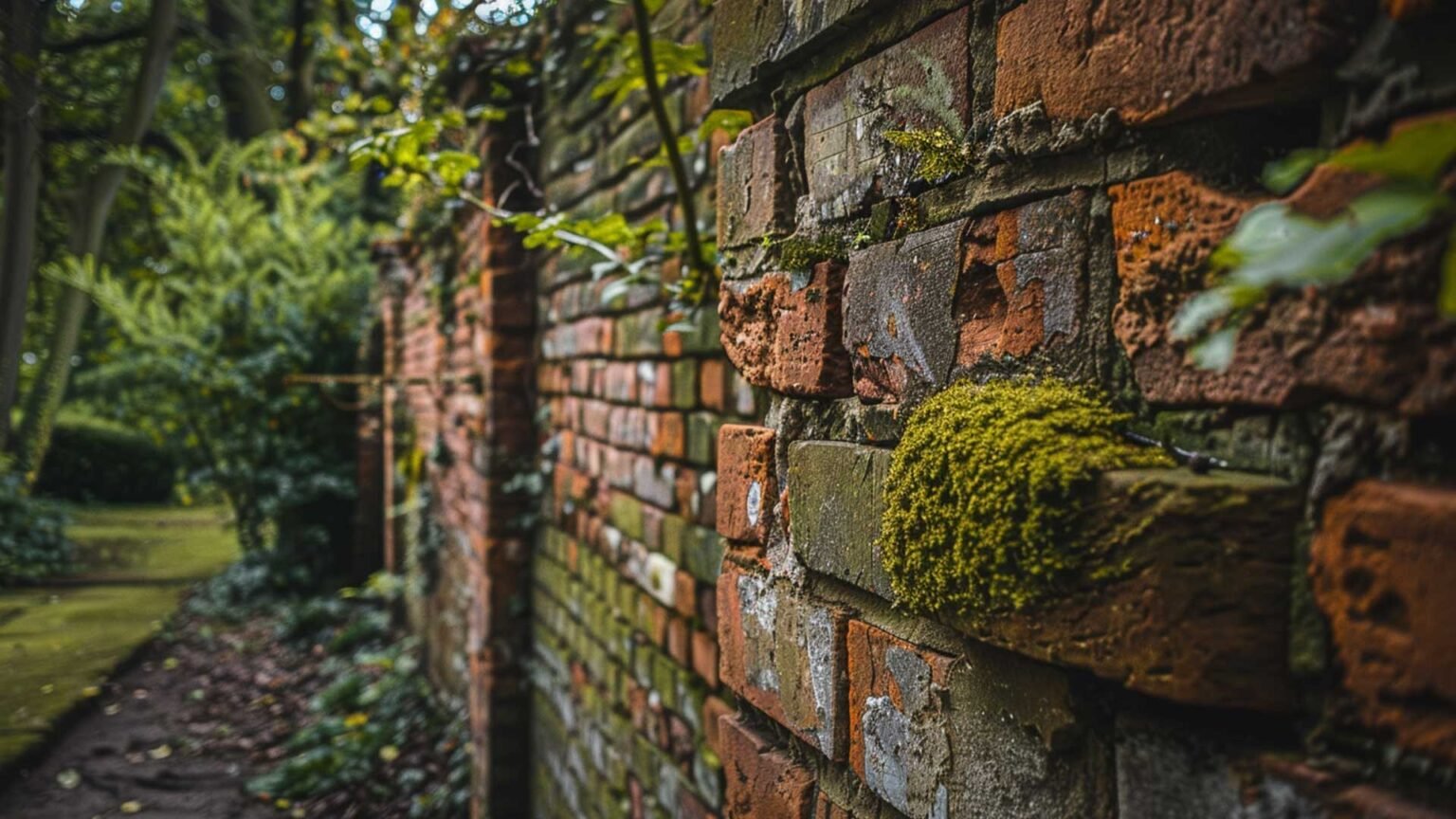 Close up of a Victorian red brick garden wall with moss, algae, lichen, and mild frost damage on some of the brick faces.