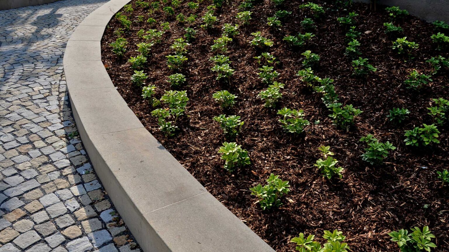 This concrete retaining wall has a smooth, minimalist design, contrasting elegantly with the surrounding greenery in a modern landscape.