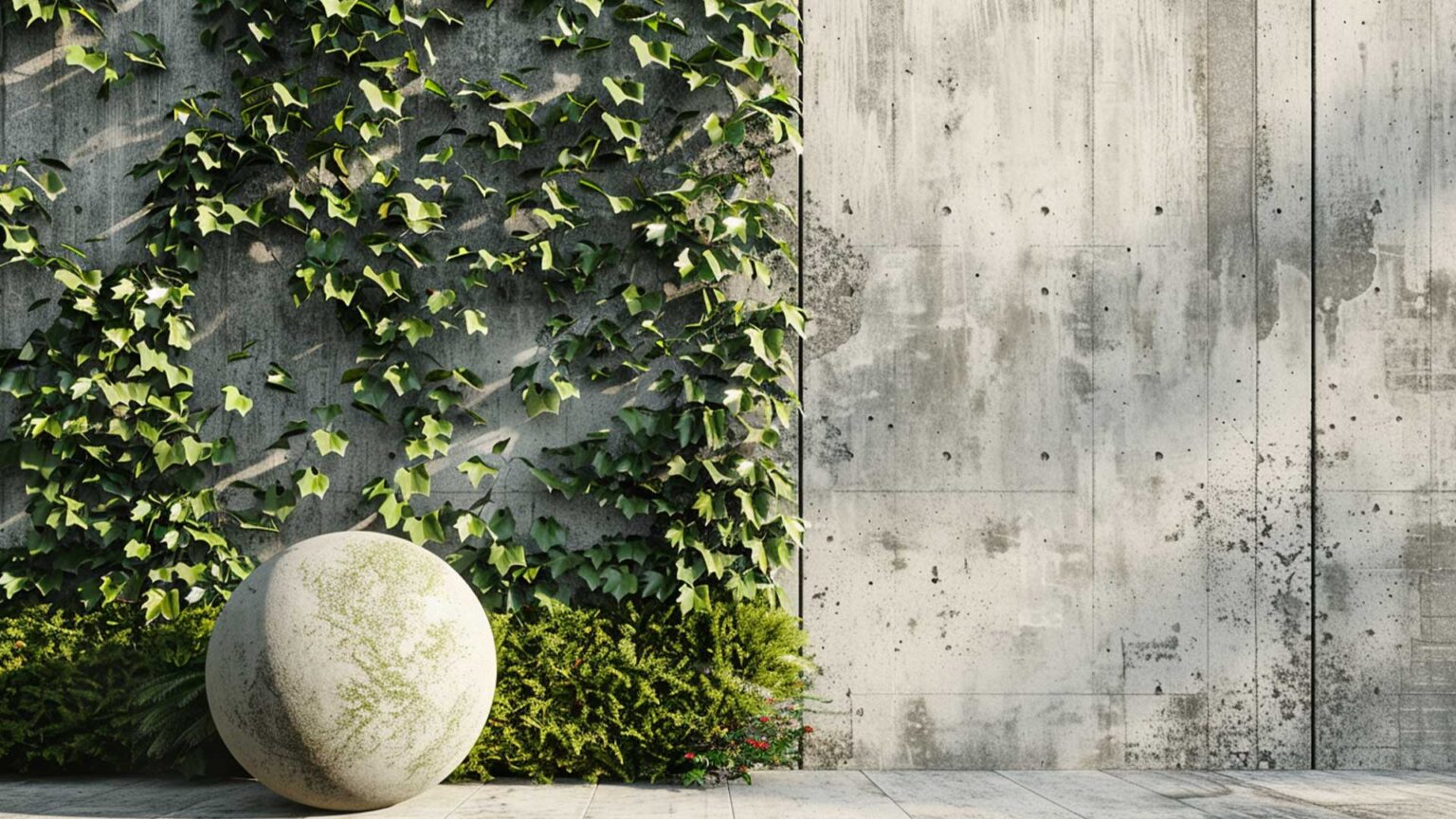 This post-modern garden showcases a sleek concrete wall, minimalist landscaping, and a polished sphere for a striking, sculptural effect.