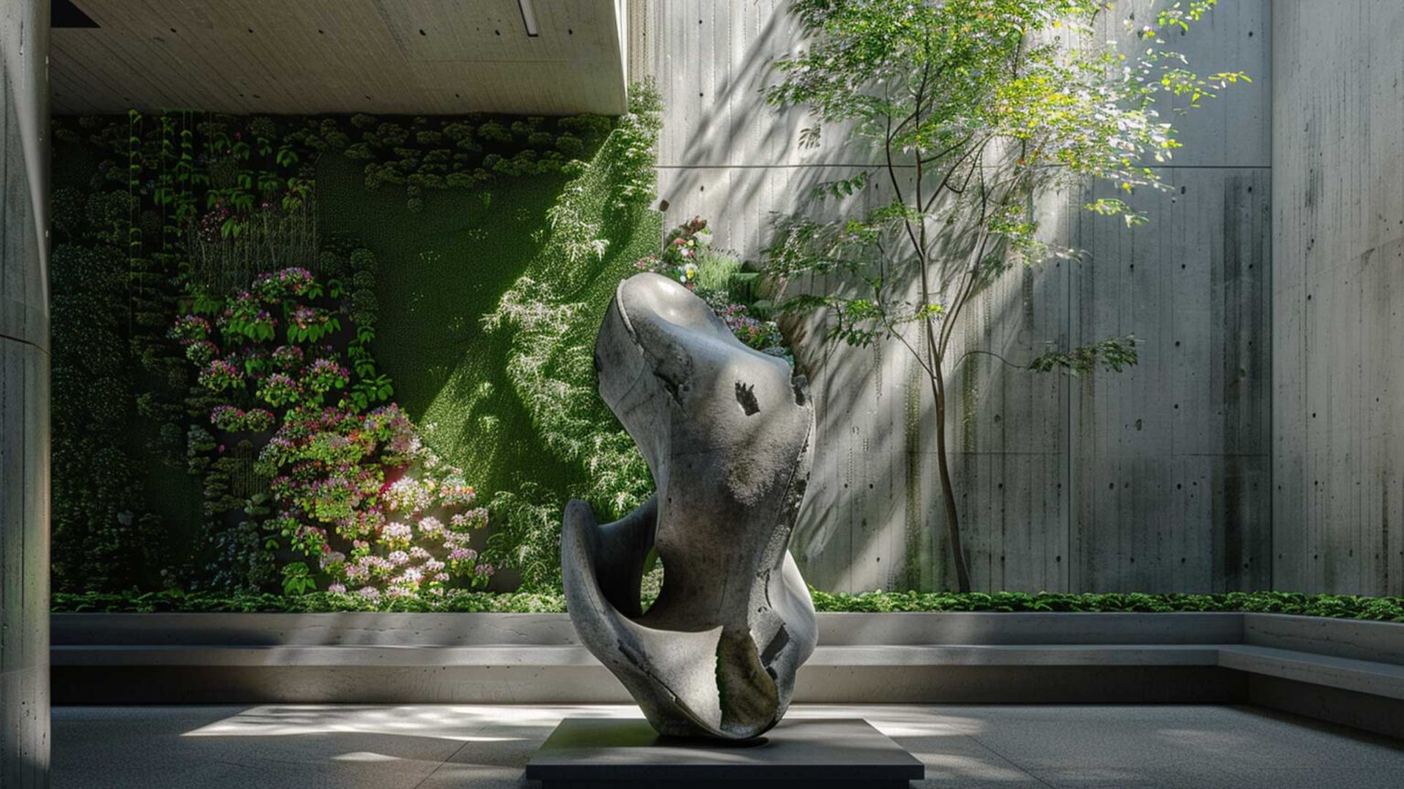 A living wall and lush green planting contrast beautifully with the raw concrete in this atrium garden.