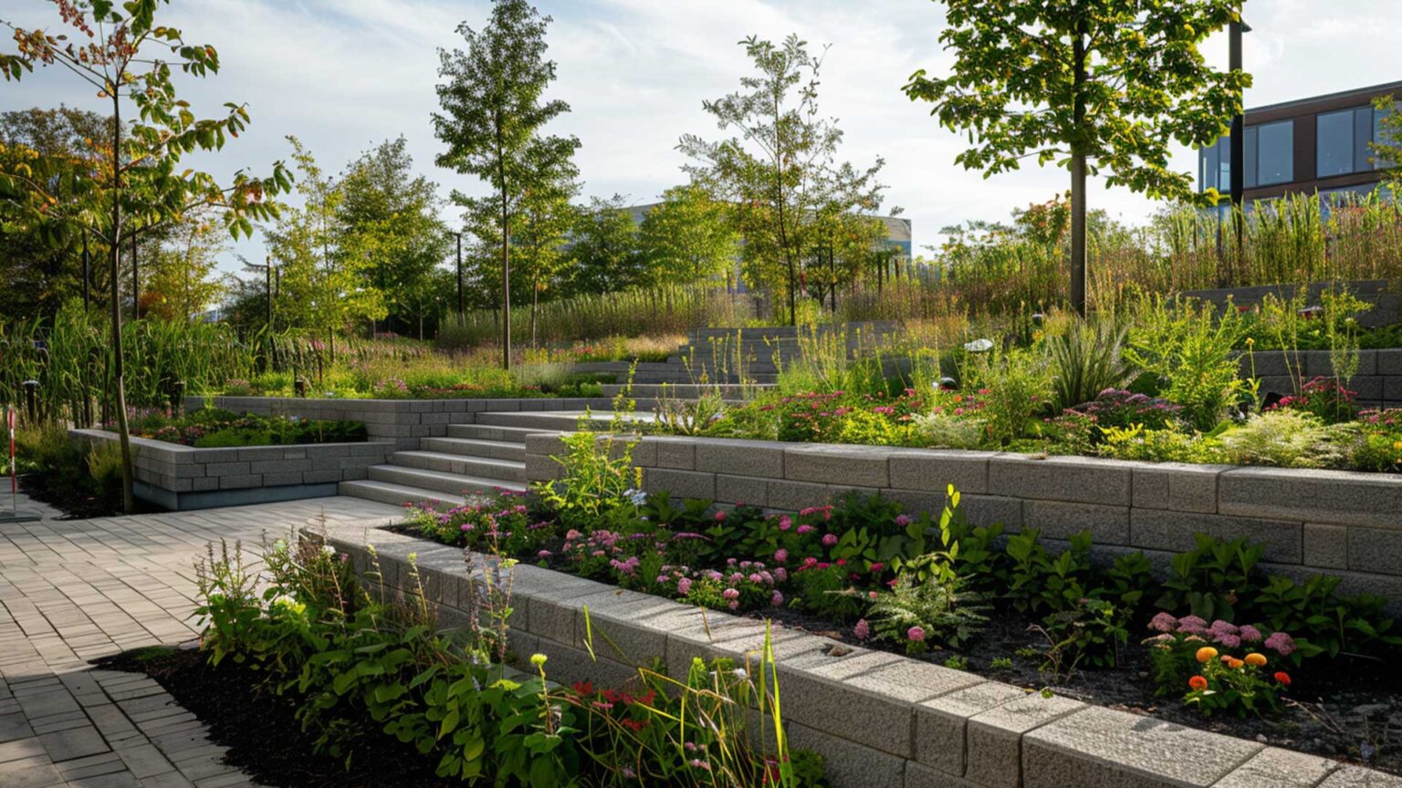 Concrete foundation blocks used to create the retaining walls of terraced flower beds in this modernist garden.