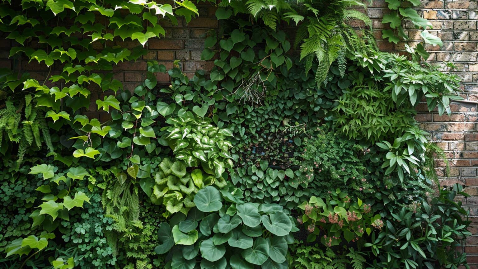 The planting scheme here sees hanging and climbing plants combined with border schrubs to create a green wall effect.