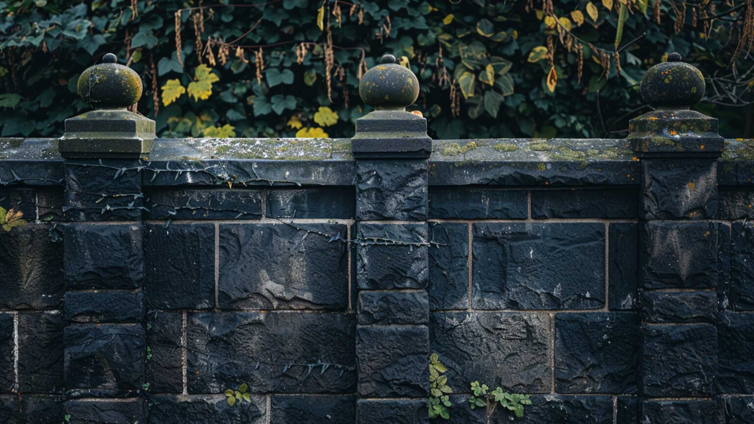 A sandstone split face wall with small piers decorated with orb shaped finials