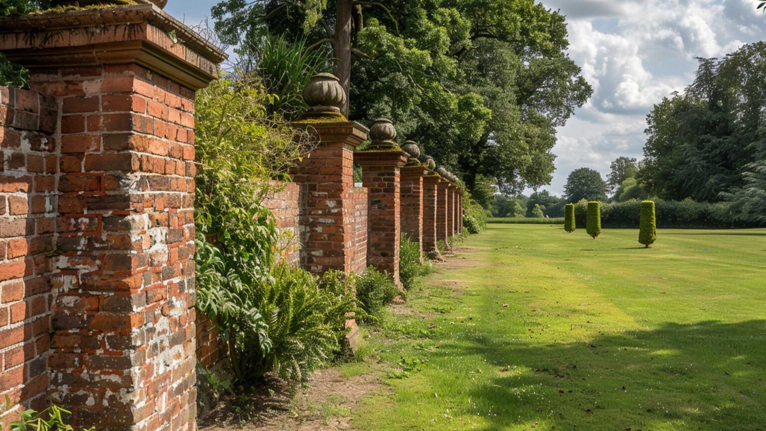 Red brick retaining wall piers offer improved lateral support and visual interest, decorated with gadroon tulip finials.