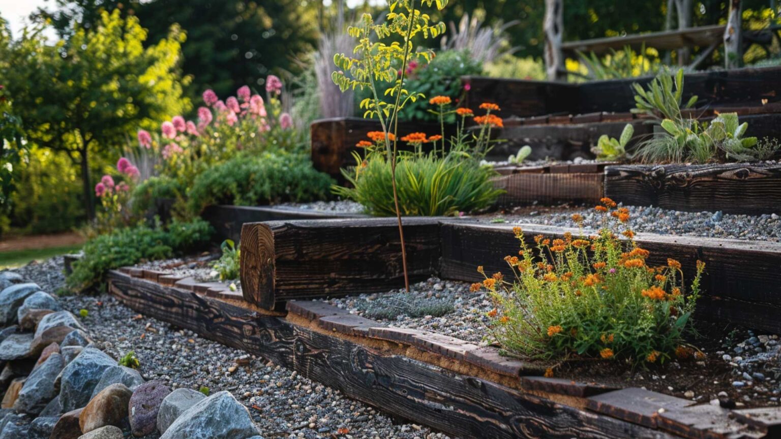 Rustic looking garden terraces using old railway sleepers.