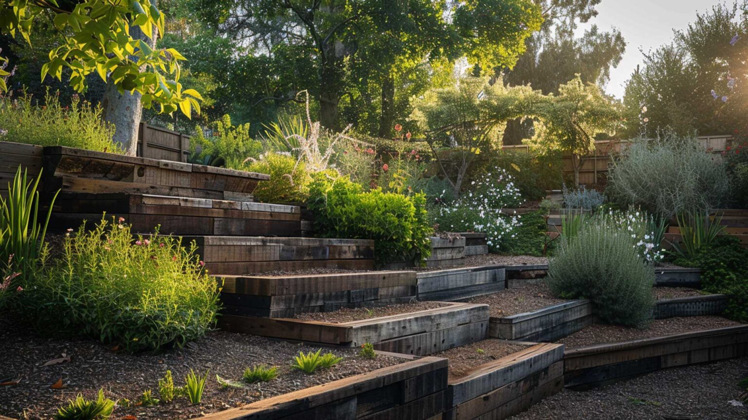 Sleepers and timber joists used in this garden to create terraces and steps for a relaxed, rustic feel.