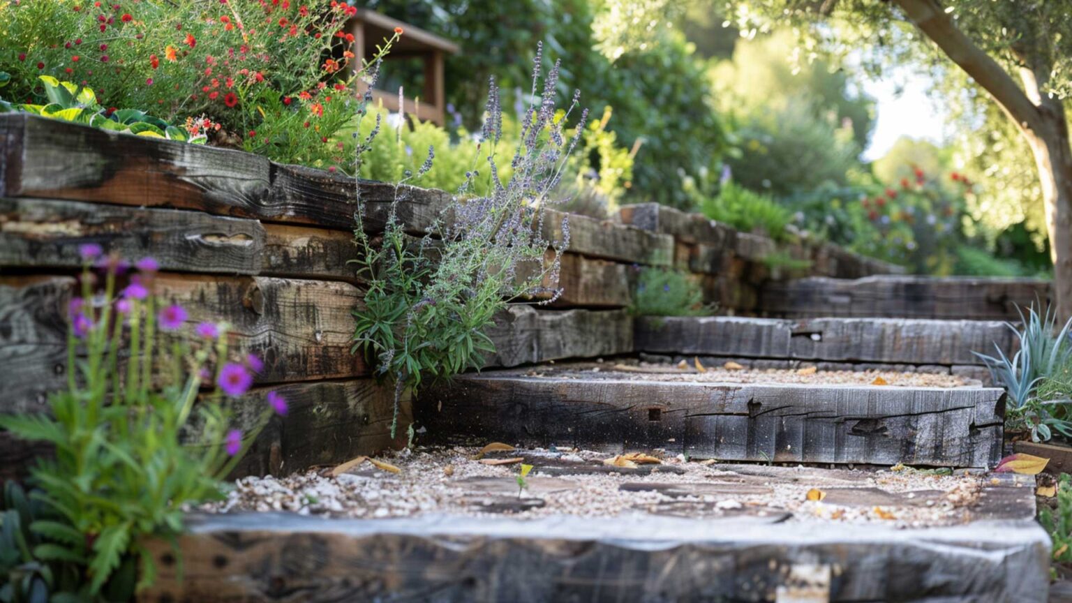 Old sleepers used to create the retaining wall and steps of this rustic garden pathway.