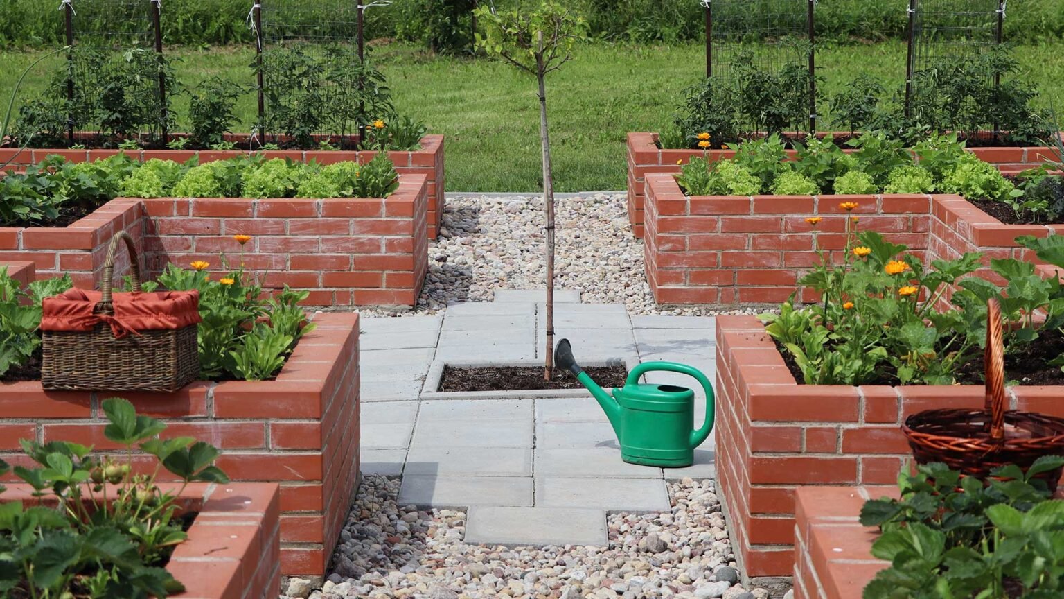 A formal style layout of relatively informal brick raised beds in this kitchen garden.