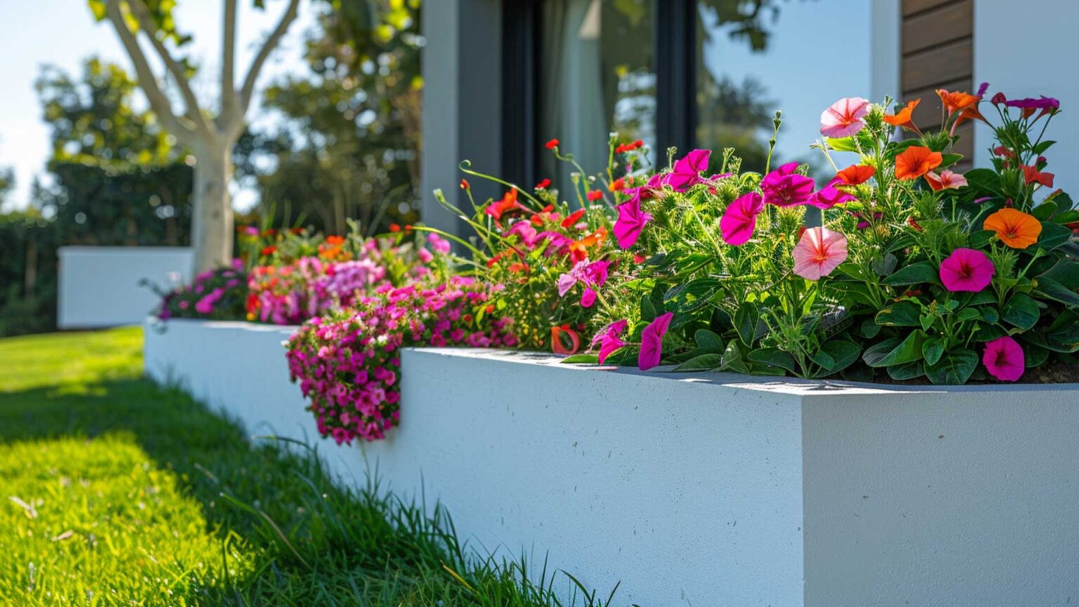 White rendered ankle-wall bed beds provide a lovely contrast to the vivid colours of the plants and flowers.