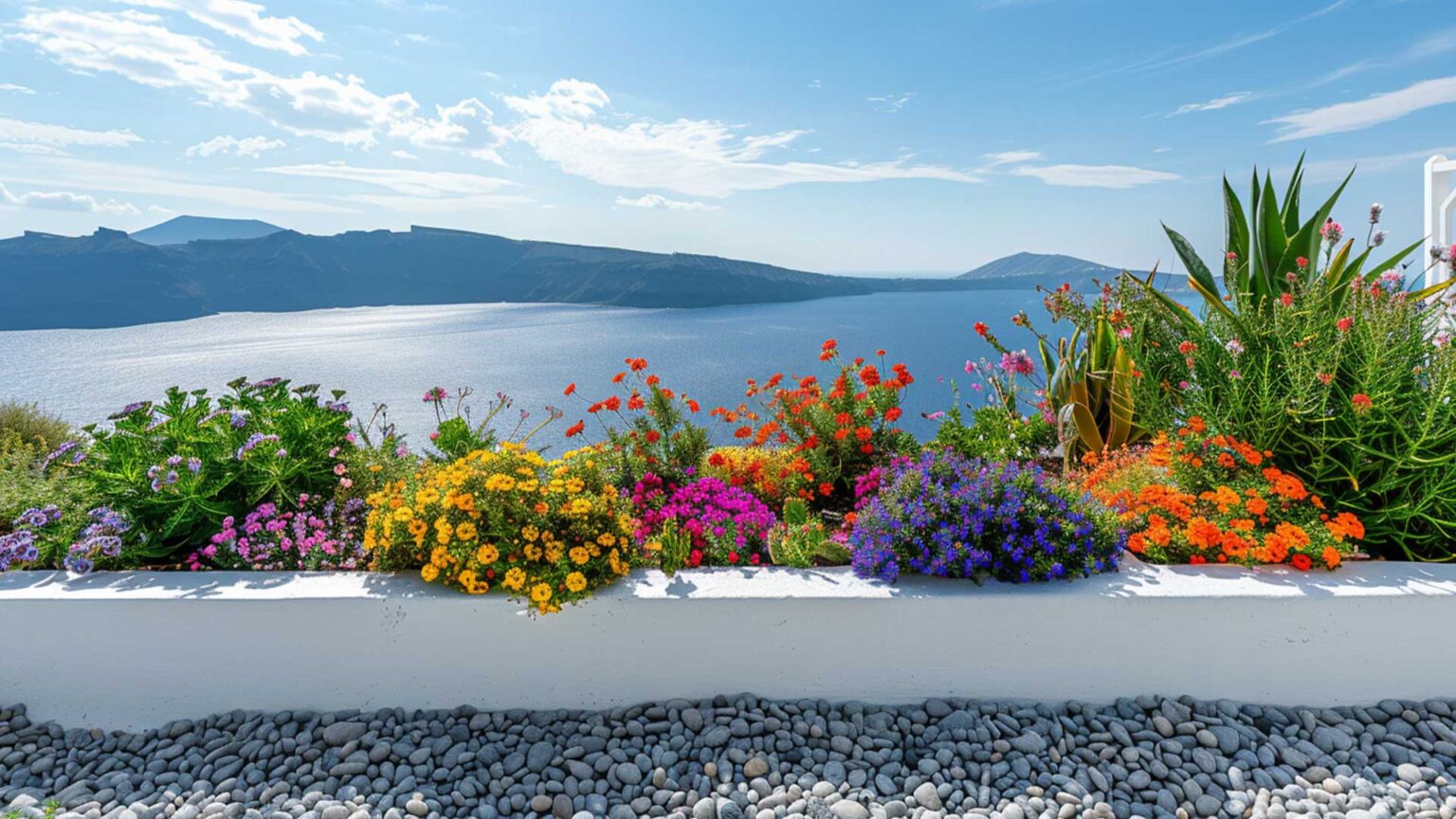 A low whitewashed parapet wall with raised beds planted with colourful flowers overlooking the sea.