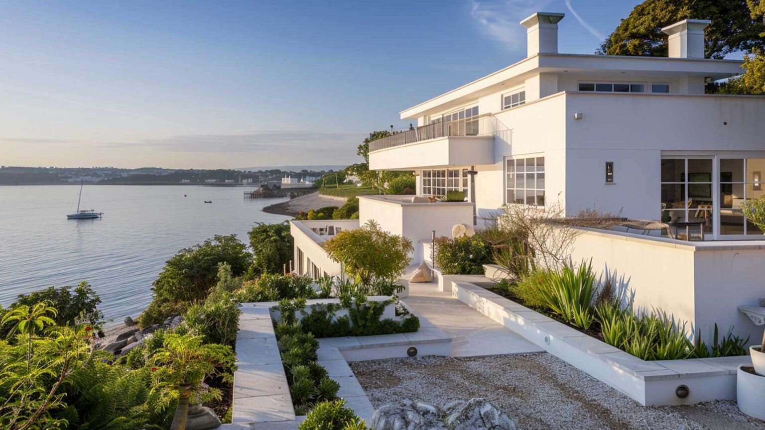 White rendered walls with limestone coping stones provide a unified aesthetic with the art deco coastal architecture of this house.