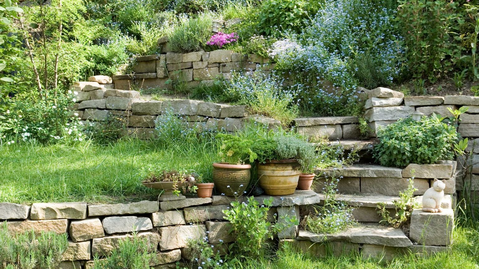 Rustic gardens steps and retaining wall