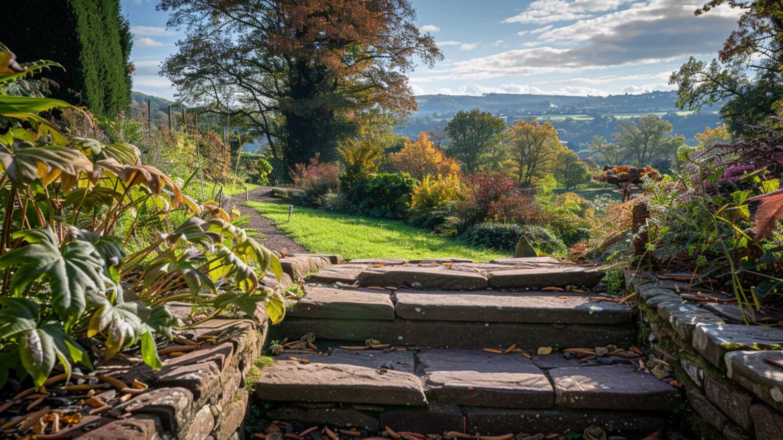 Timeworn sandstone steps flanked by dry stone walls on the rustic country garden path.