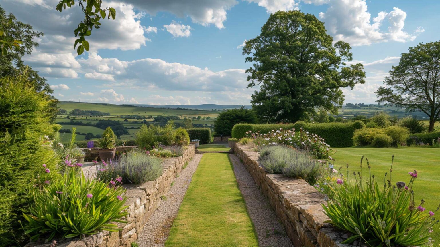 Large sandstone block dry stone knee walls flank this path, combining formal layout with rustic sensibilities.