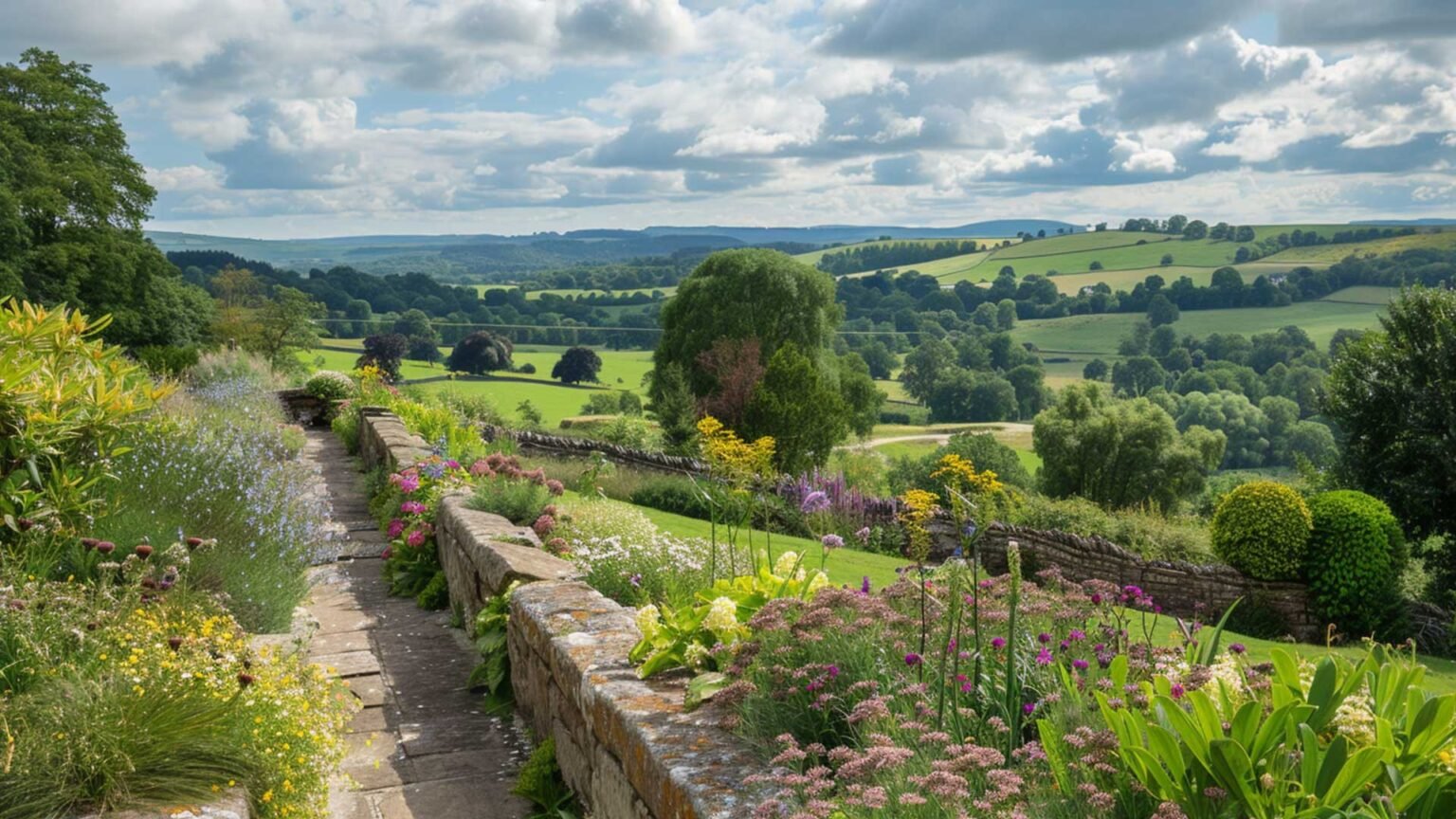 A rustic sandstone dry stone parapet wall and terrace pathway overlooking the English countryside.