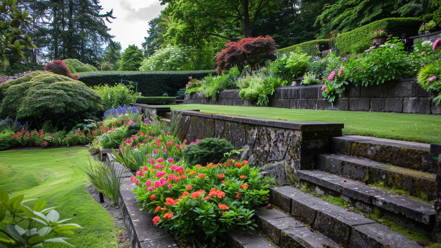 Large dressed basalt retaining walls and steps provide dramatic and impressive terracing in this garden.