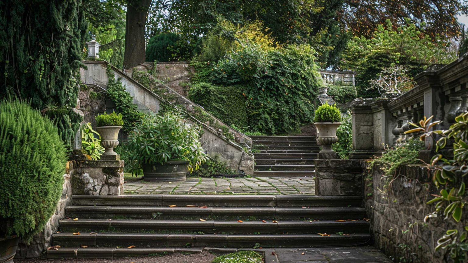 These bucolic bifurcated stairs split two ways, with retaining walls, balustrades, and stair string, risers & treads all presenting a blend of rustic & neo-classical charm.