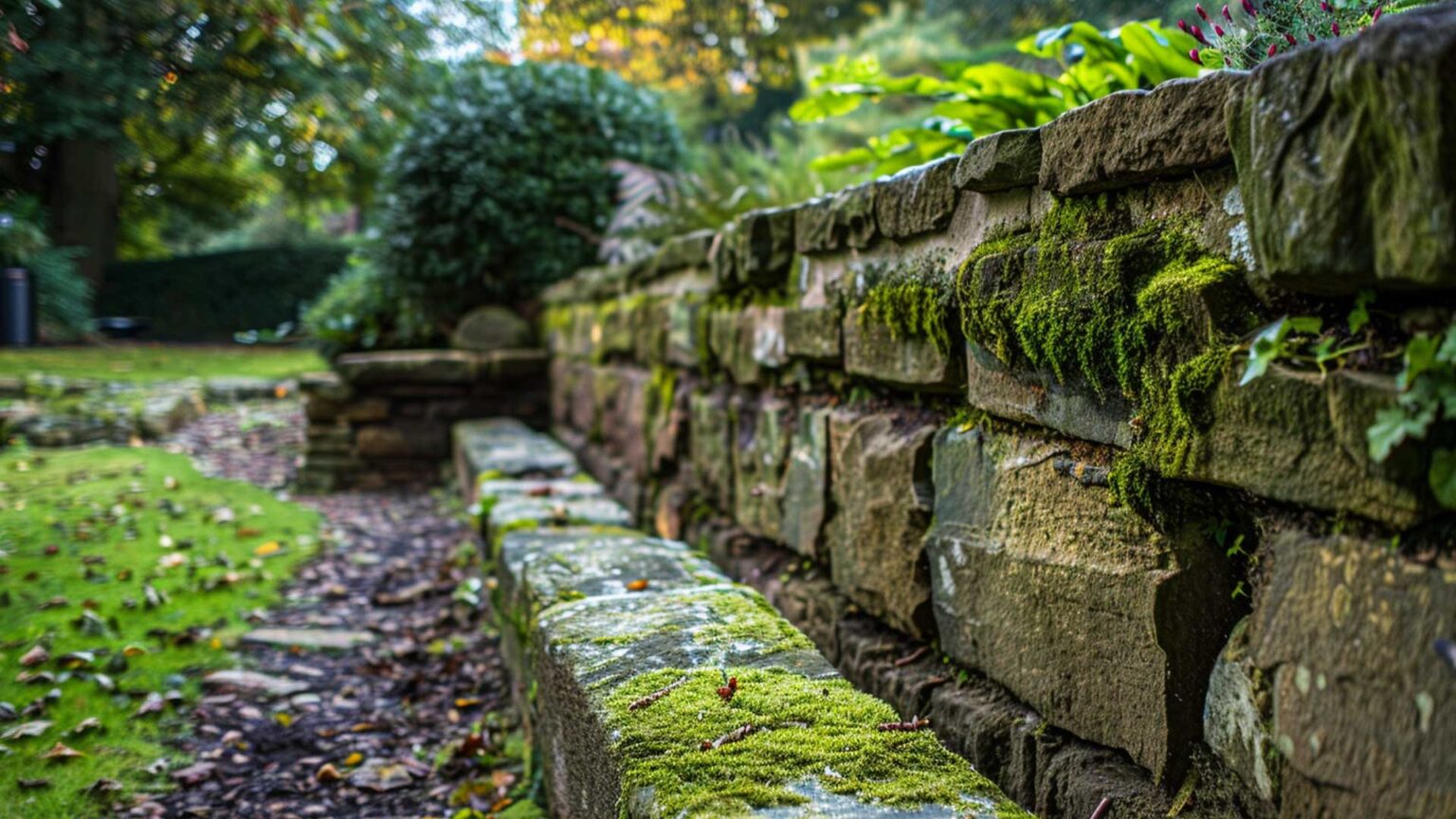 This wall of large sandstone blocks with green algae and moss in this north facing garden has a Victorian and gothic quality.