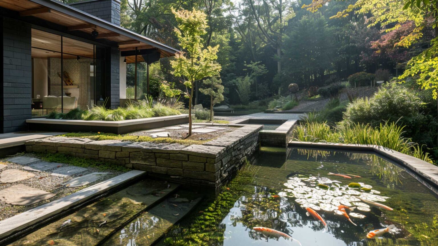 A sunken garden area with koi pond and landing in adjacent to this modernist house in the woods.