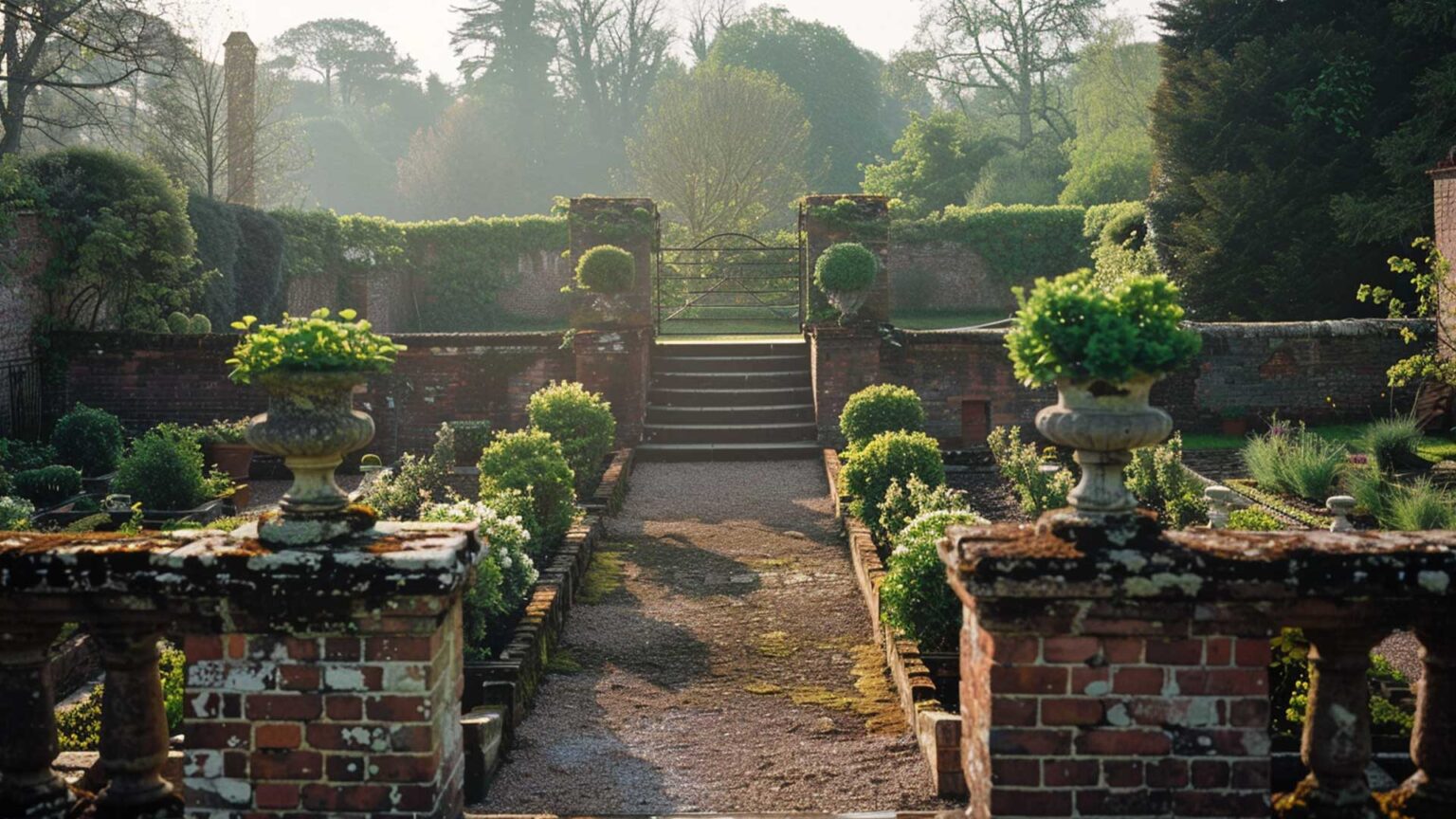 A rustic Victorian sunken garden with formal layout with terraces and parapets of red brick & gravel paths.