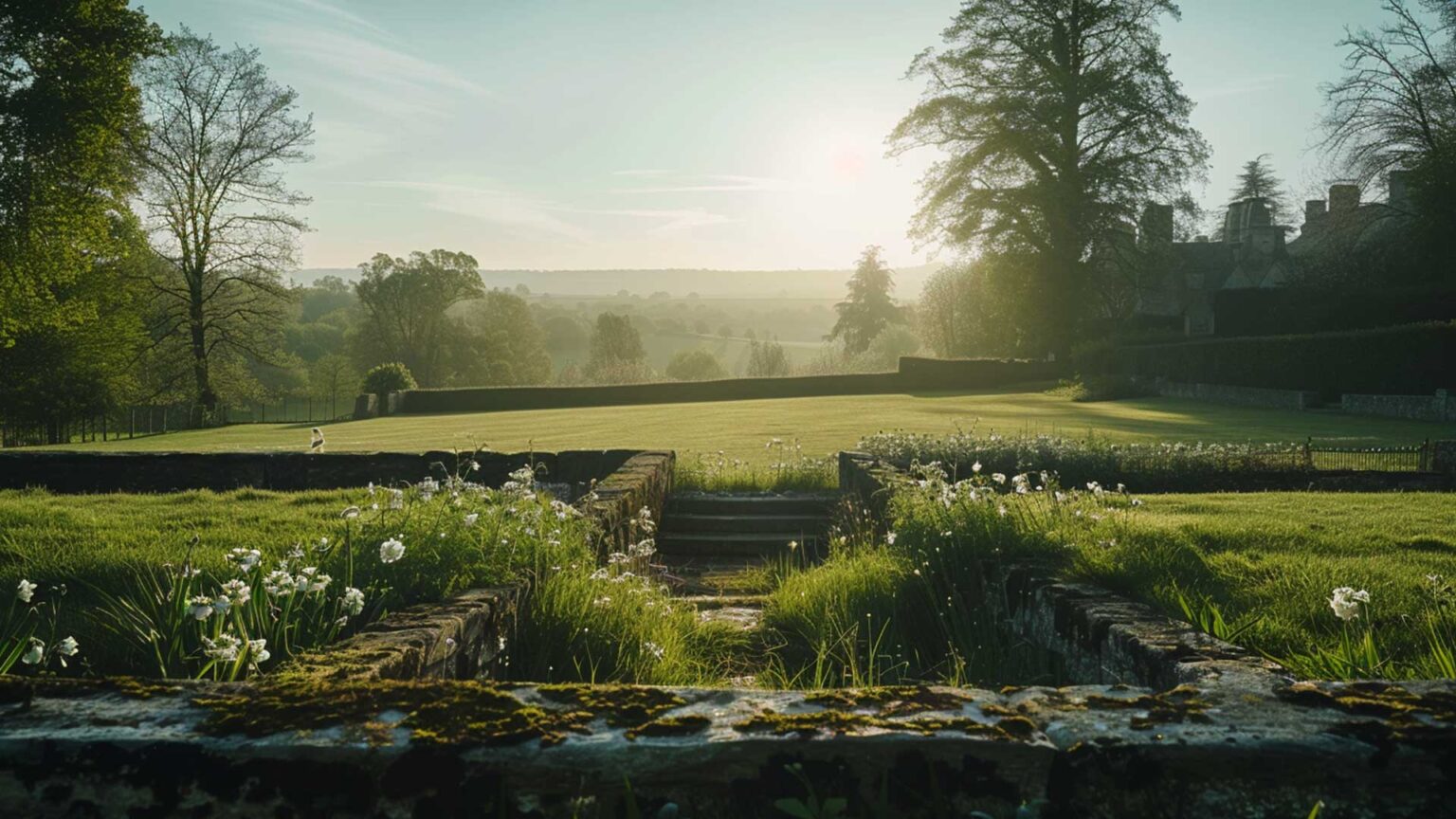 A smaller sunken garden section of a pathway between two lawns of this English garden.