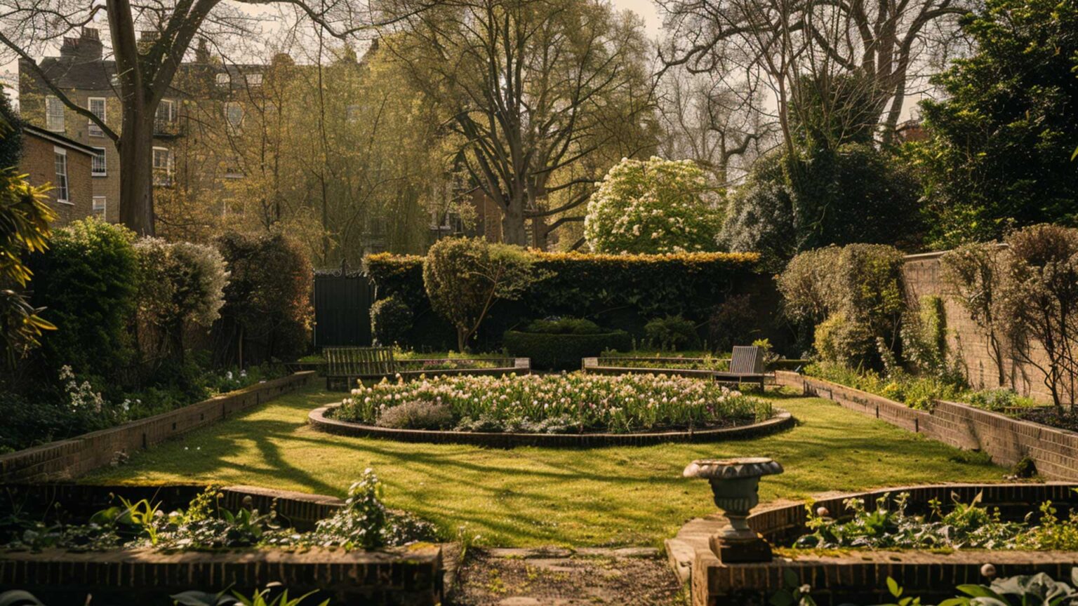 A sunken style garden in London, with high boundary walls and raised beds to create a more enclosed, intimate space.