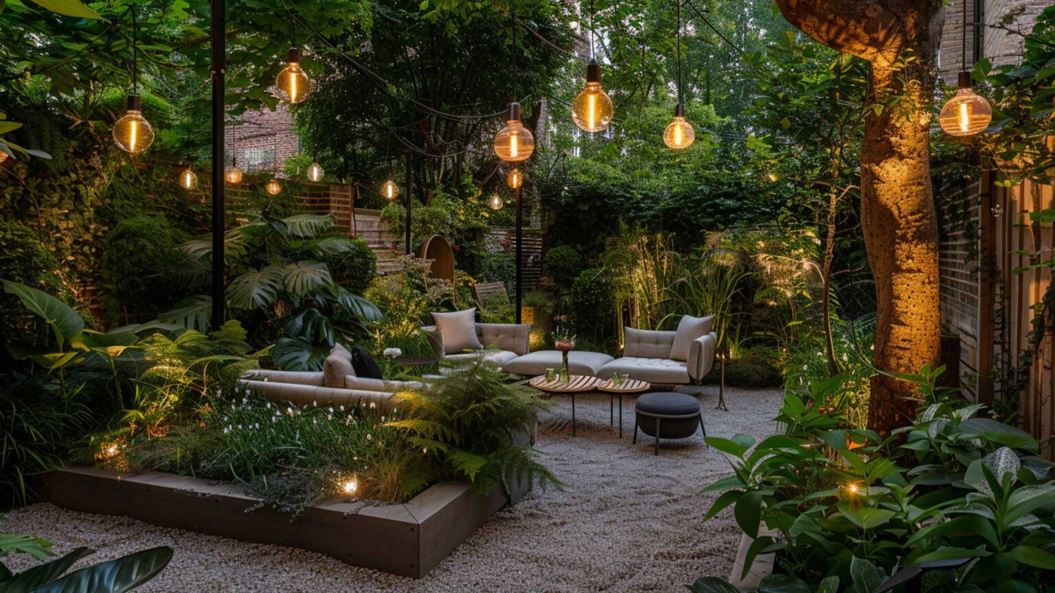 A small and cozy urban garden, with raised beds and high planted walls creates the effect of a sunken, sheltered garden.