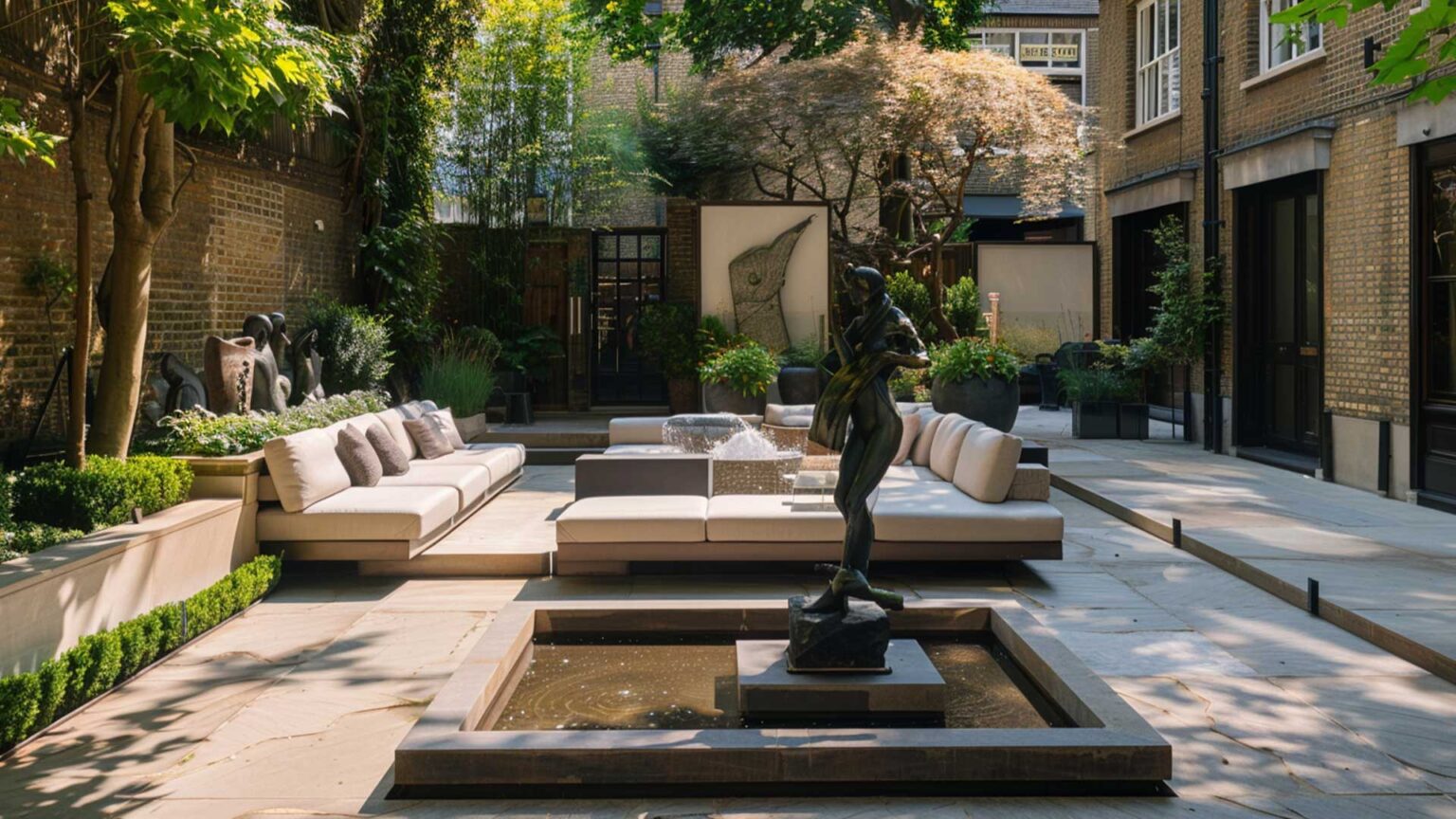 A luxurious modernist sunken London garden with fountain and large sofa area.