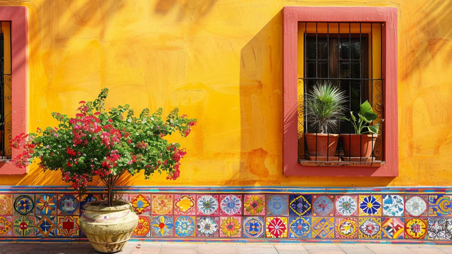 Mexican exterior wall tiles providing a glorious splash of colour and life to this wall.