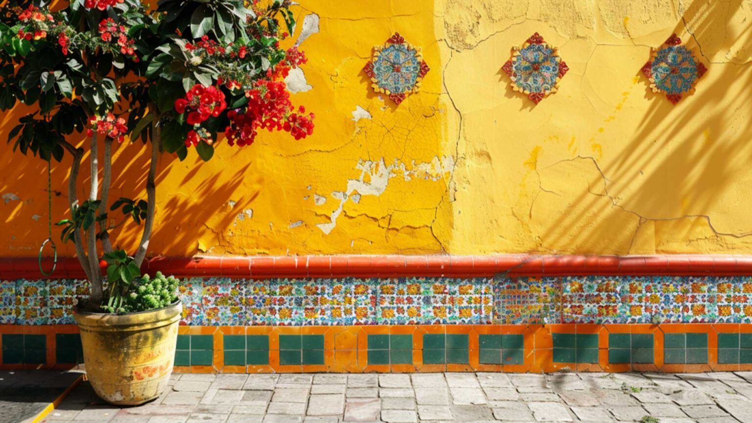 Traditional Mexican wall tiles with a mustard yellow rendered wall, that projects warmth and playfulness.