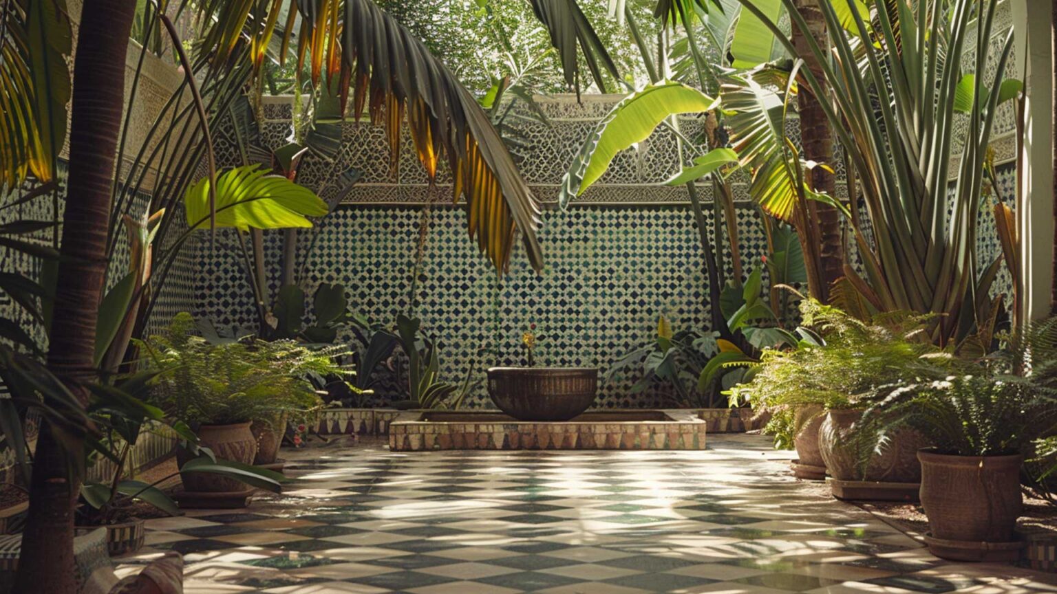 A traditional tranquil Islamic garden with tiled walls using a repeating geomtric pattern.