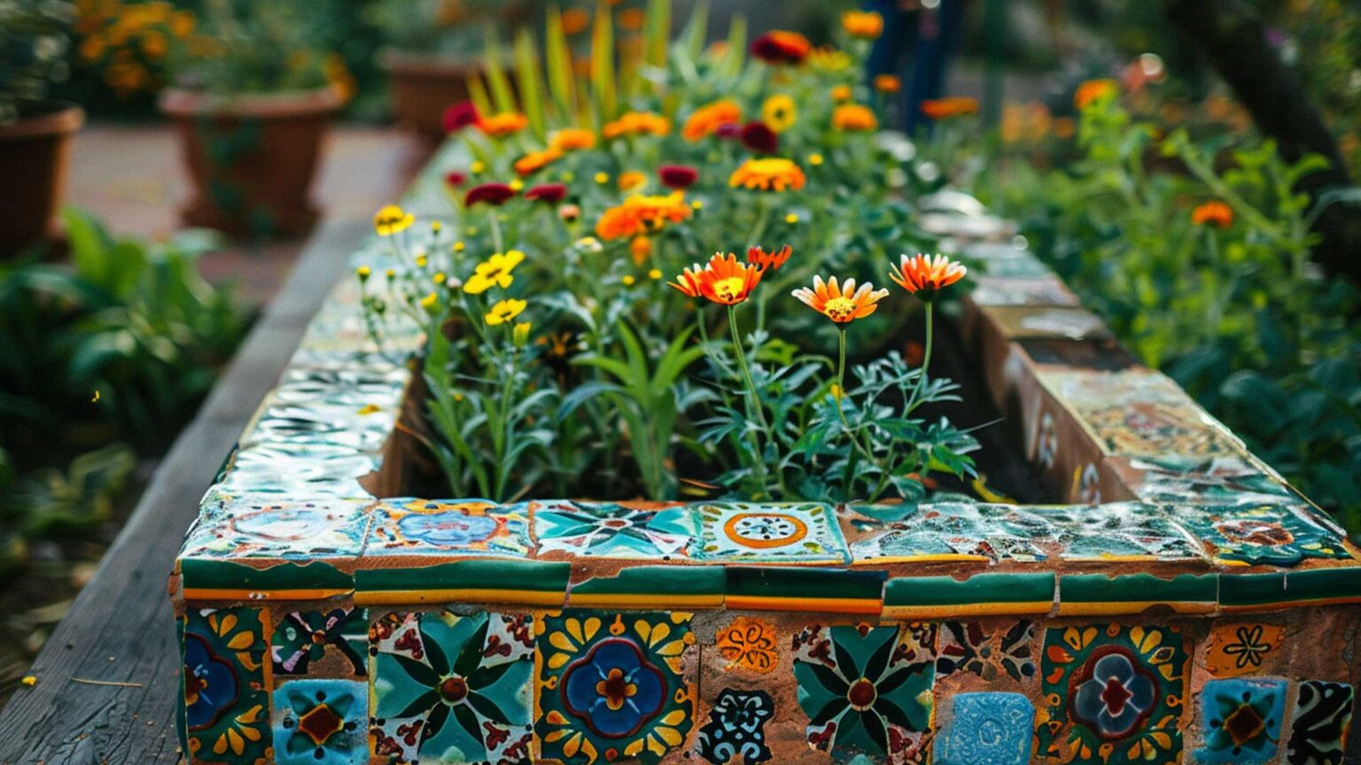 Mexican inspired homemade tile on this raised flower bed provide bags of colour and energy.