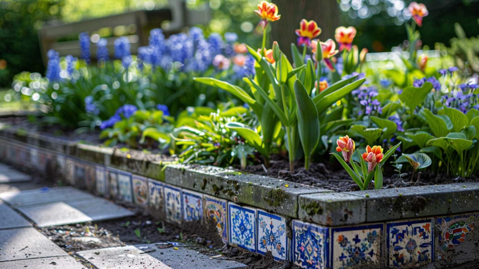 The addition of a single course of tiles to this raised bed provide a wonderful accent colour to the planting pattern and flowers.