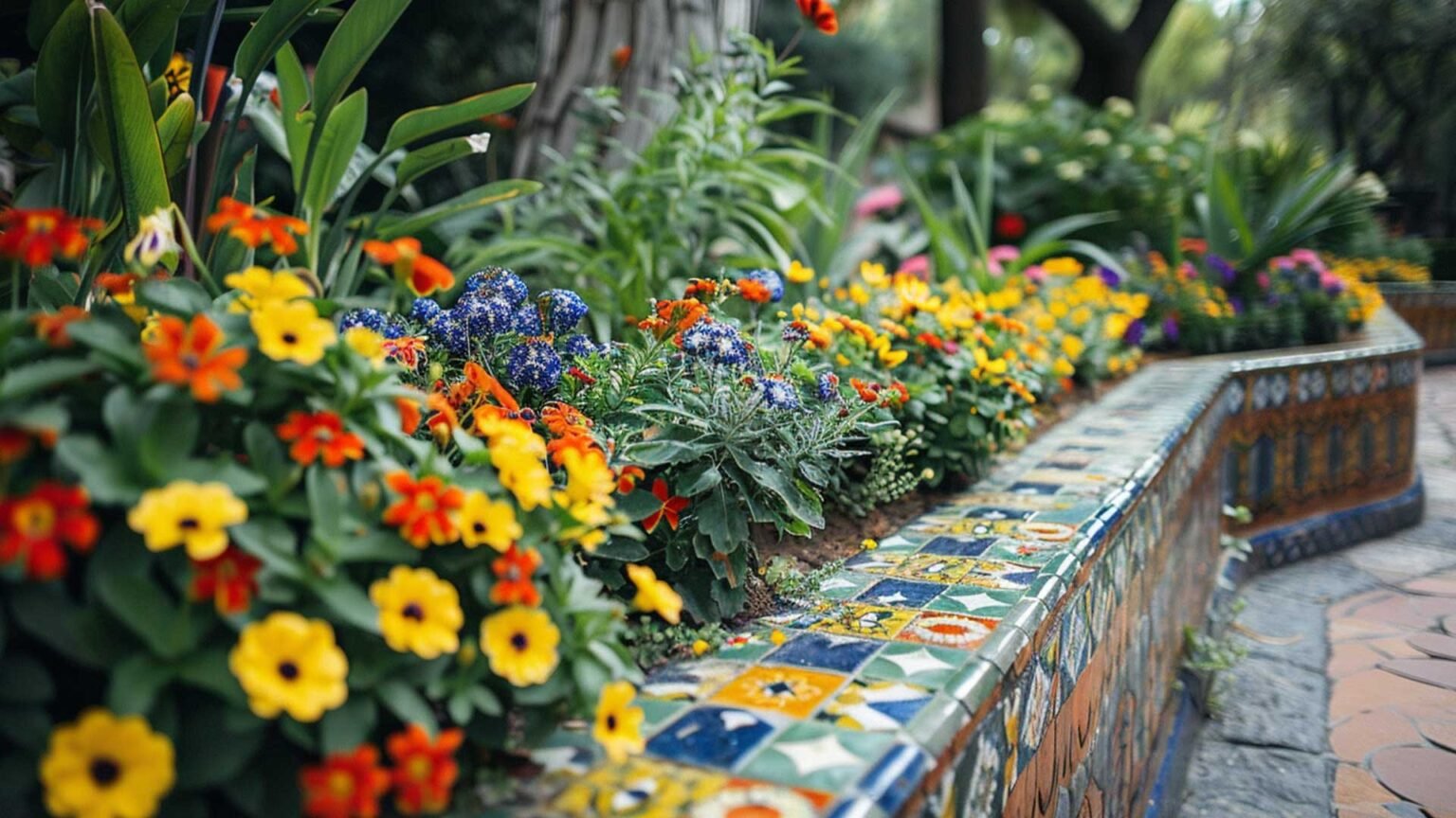 A raised bed decorated with colourful glazed tiles.