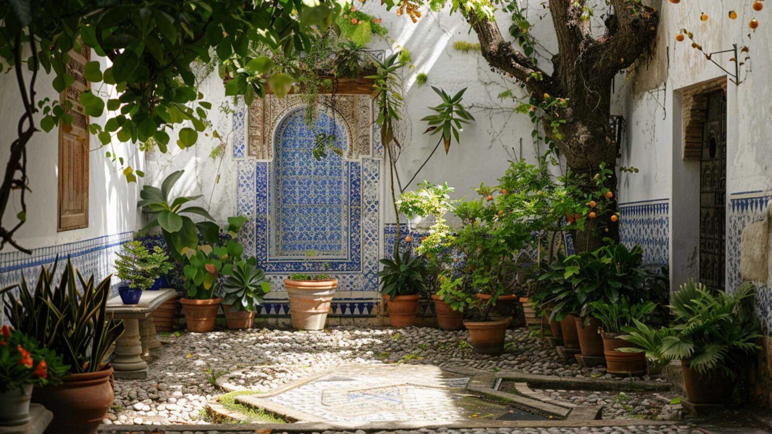 An Adriatic courtyard garden with Greek and Islamic design influences with extensive use of blue geometric style tiles.