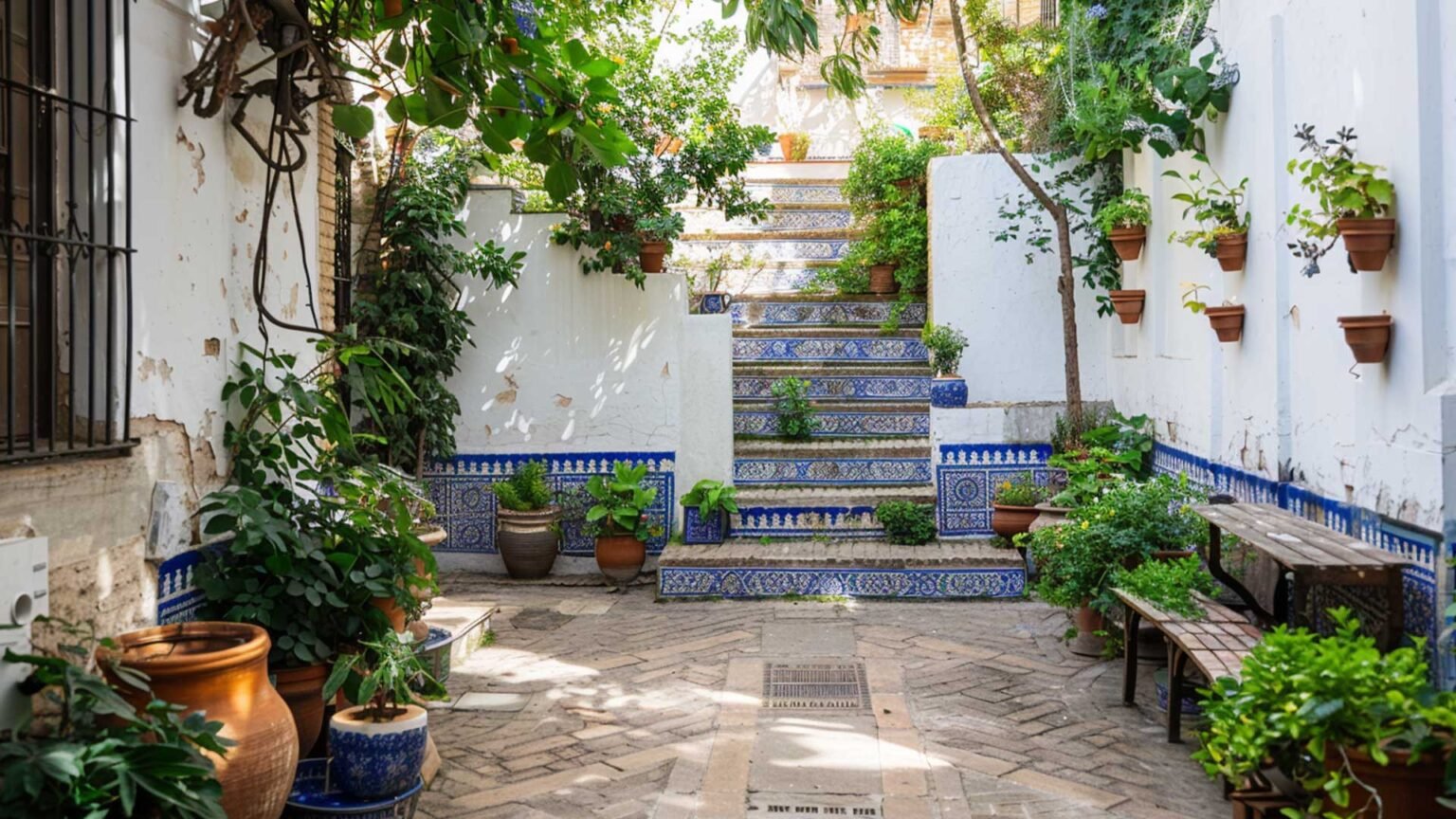 Courtyard steps and wall decorated with blue glazed ceramic tile risers and wainscot.