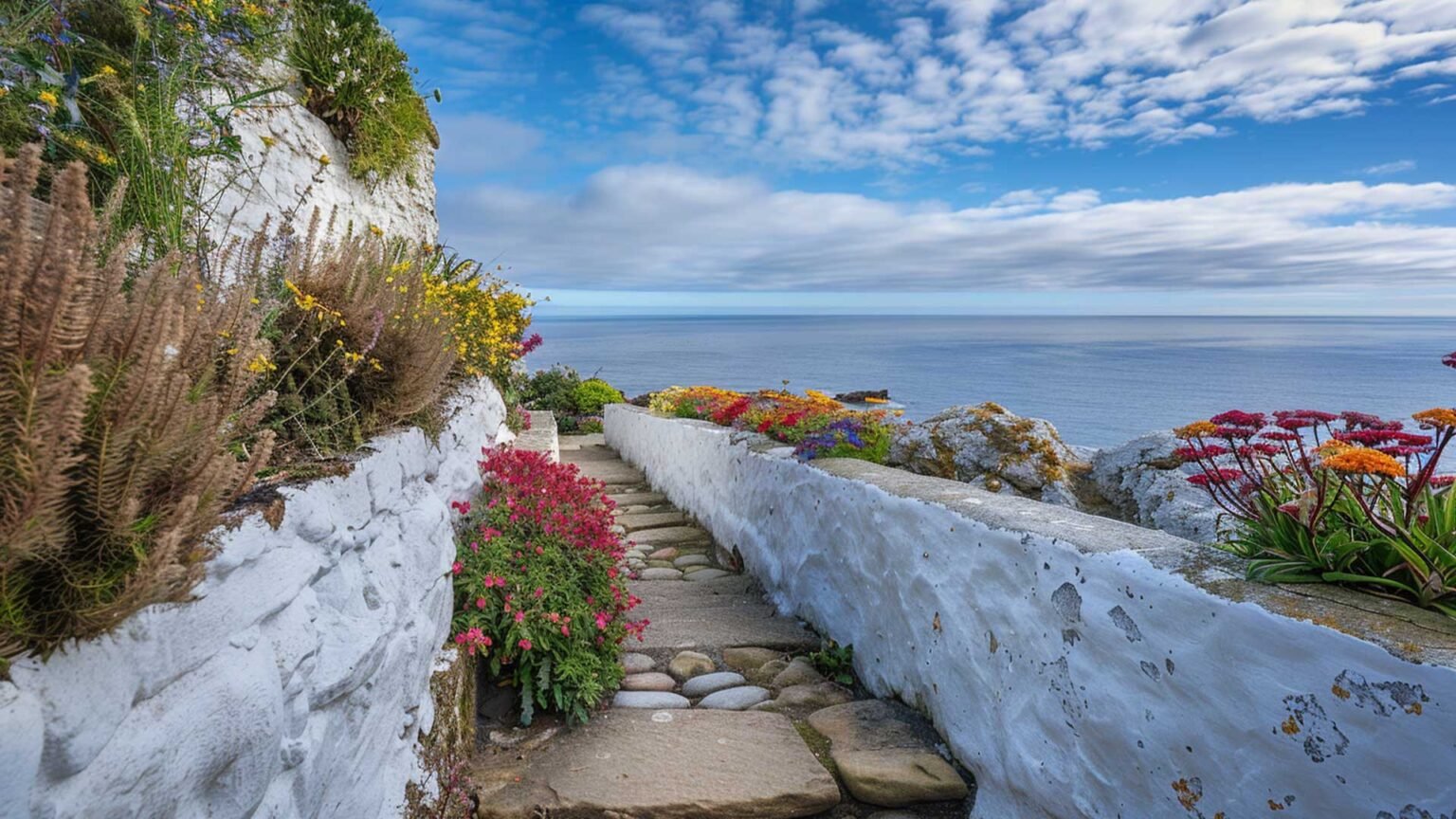 Tradition whitewash on stone walls is common in British coastal architecture and seaside gardens.