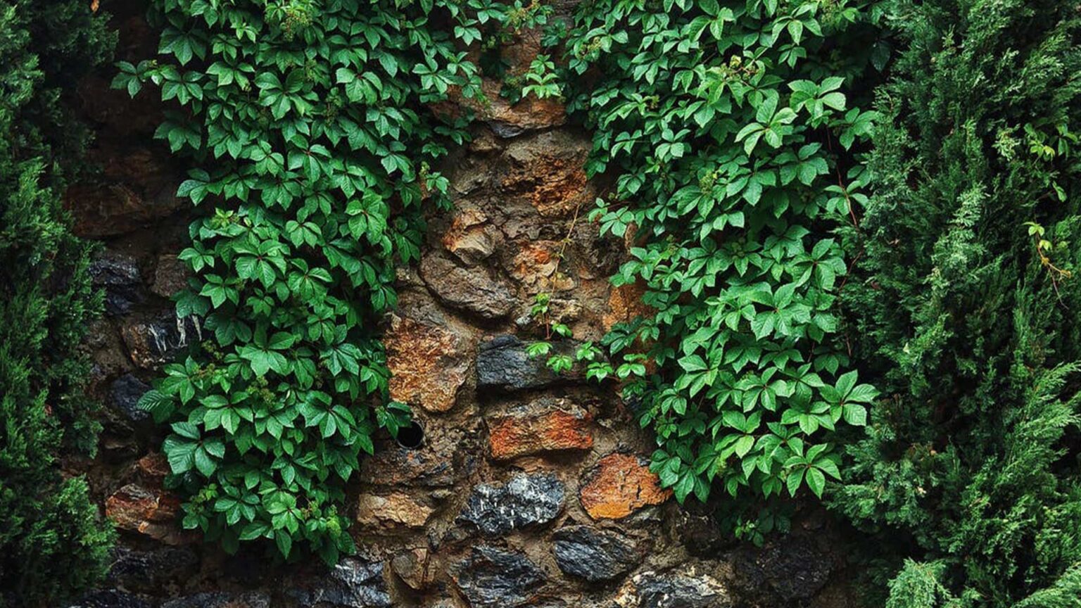 A bonded rustic looking high wall of irregularly shaped stones.