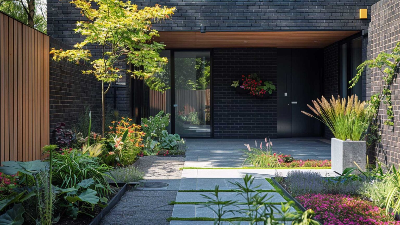 Black engineering bricks walls line the sides of this contemporary courtyard style garden.