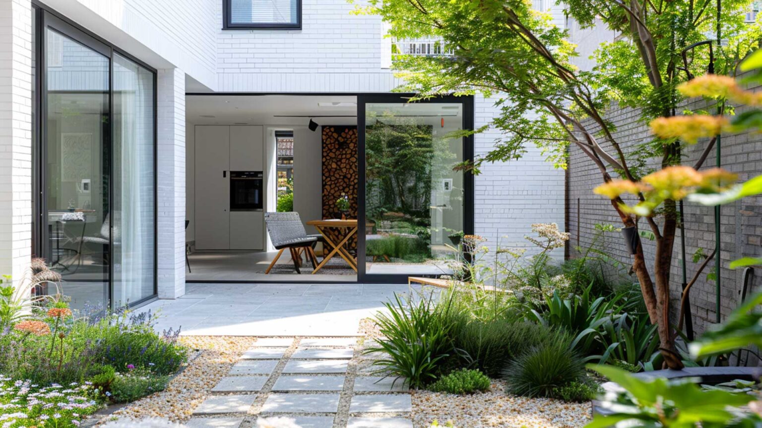 Whitewashed bricks on the garden wall to match the brick colour of the house in this contemporary urban garden.