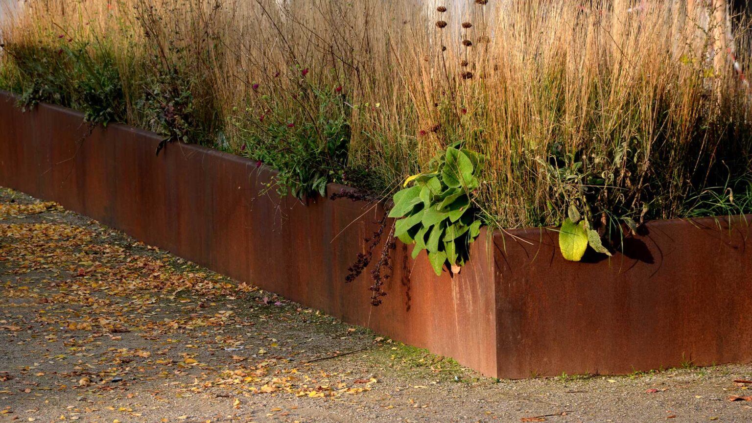 Rust covered steel walled raised bed