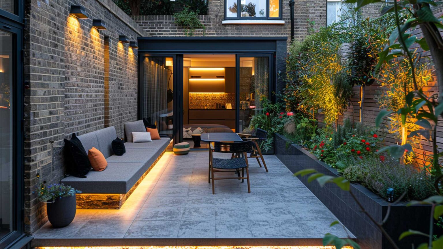 Using either side of the garden for fixed seating and a raised bed with a porcelain patio between maximises the space in this small garden. Lighting is used to add drama and make it feel like it is unified with the interior space.