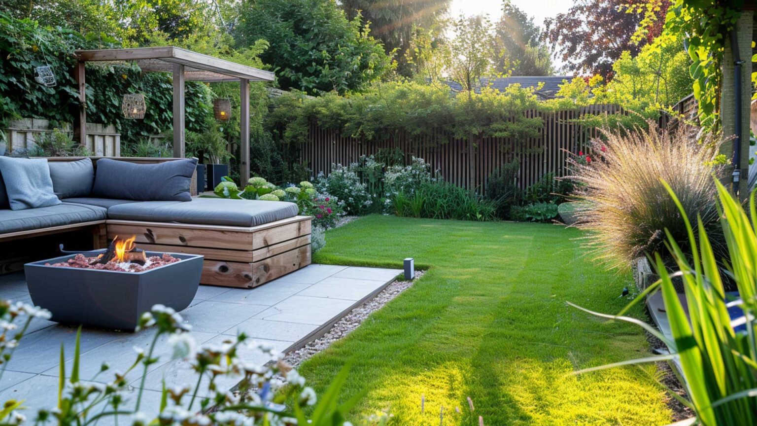 A porcelain paving patio with fire pit and arbour place mid-way along give this small garden a self-assured and positive demeanour and sense of space.