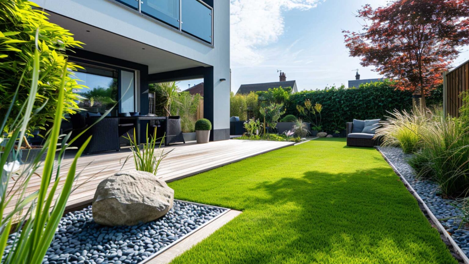 The simplicity of this compact, minimalist garden is what gives it its striking appeal. The natural timber of the decking, the lush green of the lawn (artificial grass) and the grey of river pebble covered borders with sparse planting, create a clean and elegant space.