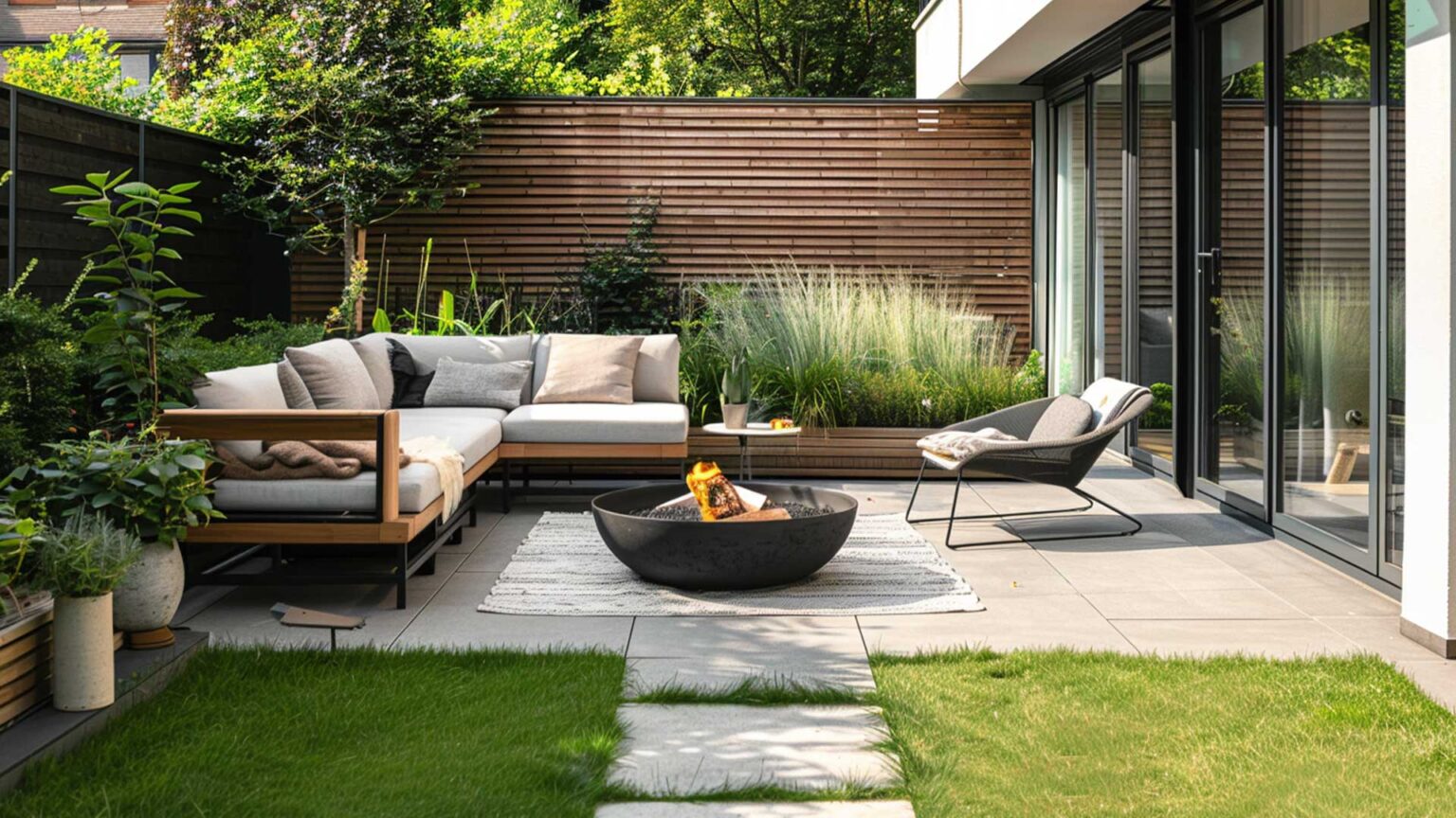 The palette of tan timber (slatted fence and raised beds), grey masonry (porcelain paving), white rendered walls, black windows and fence surrounds, and lush green vegetation work perfectly together in this inviting small minimalist garden.