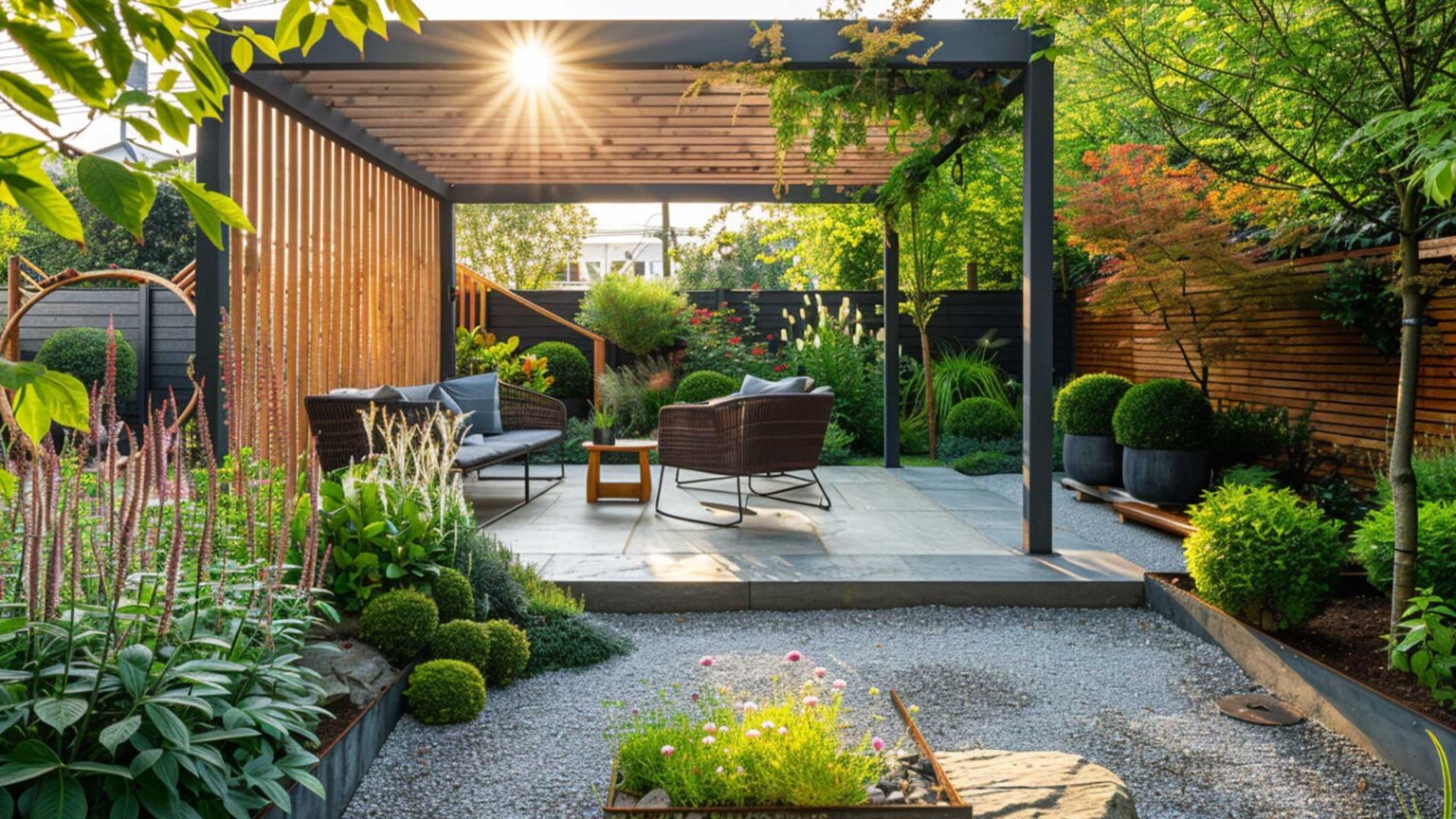 A raise platform terrace with steel frame pergola seating area surrounded with grey decorative aggregate. The raised beds have steel edging retaining the backfill with rust that ties into the same palette as the timber pergola louvres and fence slats.