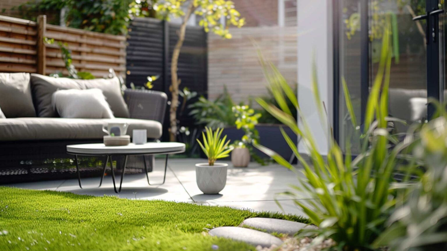 Wooden slatted fencing, with light grey porcelain paving, and monochromatic features (dark grey planters, grey flat decorative river stones) contrasting with the green of the vegetation signal a common colour scheme associated with modernist garden design.